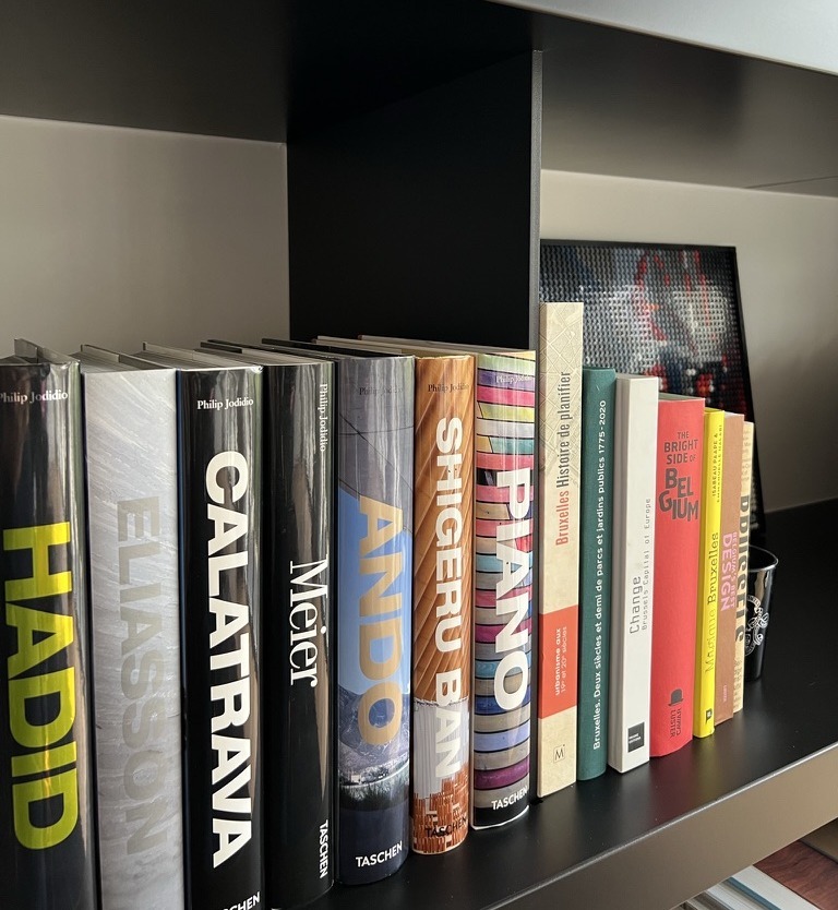 Detail of the black shelves and architecture books